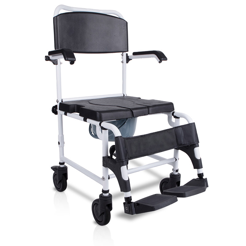 Silla inodoro con ruedas DU06 Vista frontal de la silla DU06 con reposapiés