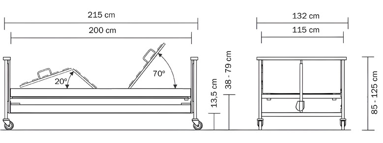 Cama elevadora bariátrica Norma 120 Plano técnico con dimensiones de la cama Norma 120