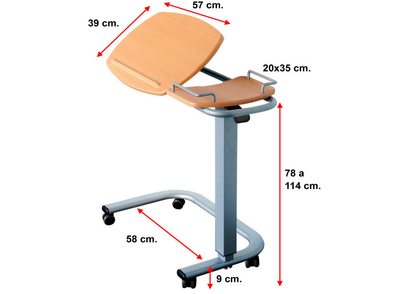 Mesa auxiliar doble plano Vista con medidas de la mesa auxiliar doble plano con ruedas
