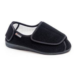 Zapato terapéutico negro sin costuras en antepié con doble cierre y suela flexible