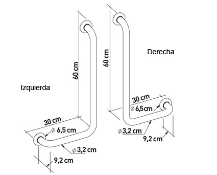 Asidera angulada 90º en acero inoxidable Plano con medidas de la asidera angulada 90 grados de acero inoxidable