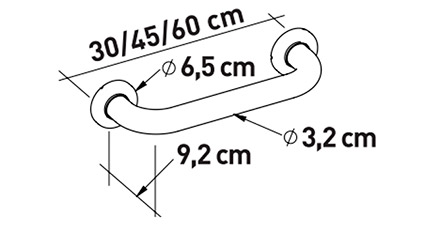 Asidera recta en acero pintado Esquema con medidas de barra asidera: Ø32 mm, Ø65 mm, 9,2 cm separación