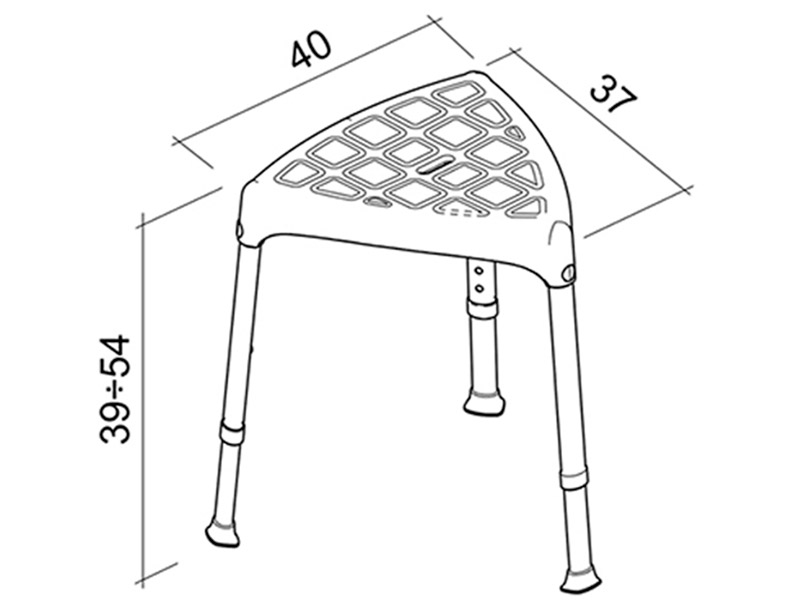 Taburete triangular corner Esquema con dimensiones del taburete Corner: asiento 40×37×37 cm y altura regulable 39–54 cm