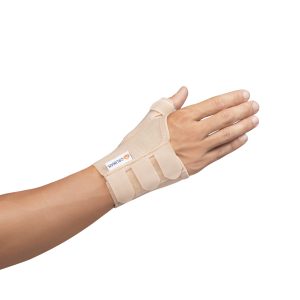 Muñequera de pulgar abierta con férula ajustable y cierre velcro