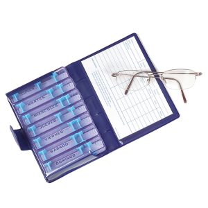 Organizador de pastillas con siete recipientes diarios y tarjeta para historial y dosificación