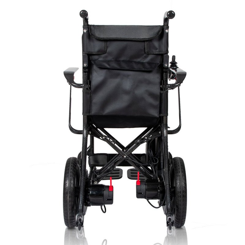 Silla de ruedas eléctrica Icarbon Parte trasera de la iCarbon con doble motor y bolsa portaobjetos
