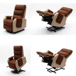 Sillón elevador Zero G en posición relax con tapizado beige y microfibra marrón