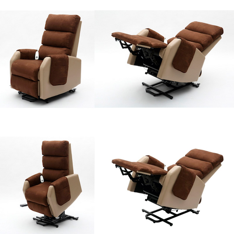 Sillón elevador Zero G Sillón elevador Zero G en posición relax con tapizado beige y microfibra marrón
