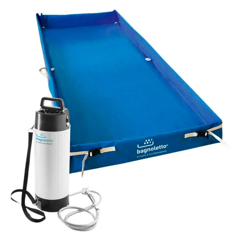 Ducha en la cama Bagnoletto Sistema Bagnoletto con bañera de cama y depósito de agua a presión de 10 litros