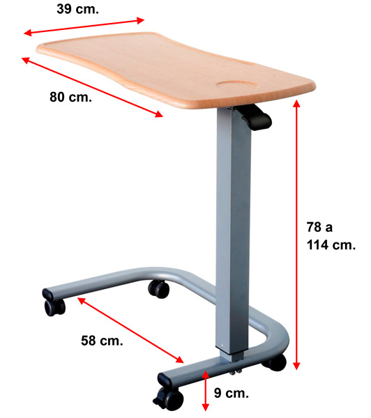 Mesa auxiliar ergonómica Imagen con dimensiones de la mesa auxiliar
