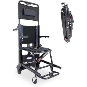 Vista frontal de silla eléctrica para subir y bajar escaleras plegable