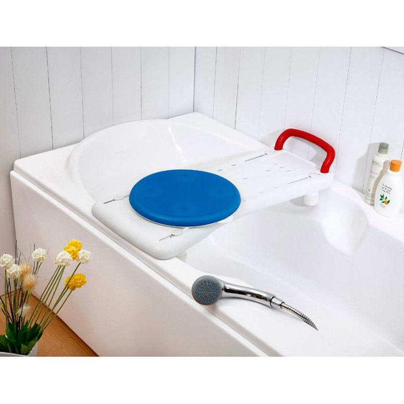 Tabla de bañera con asiento giratorio Tabla de bañera con mango rojo y asiento giratorio azul de 360 grados