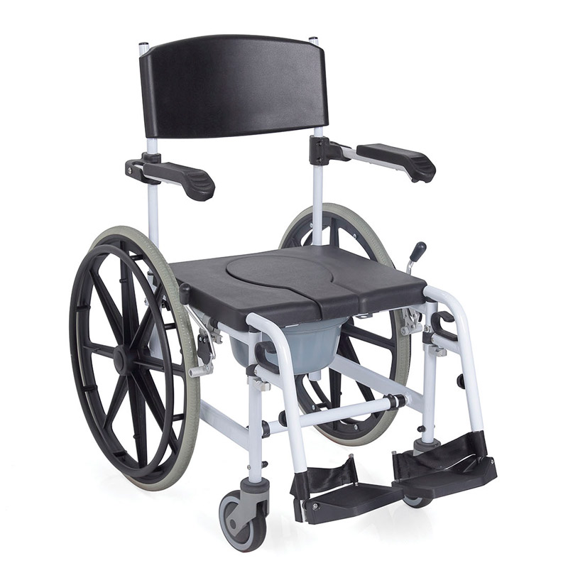 Silla de ducha autopropulsable Silla de ducha autopropulsable en aluminio pintado con asiento y respaldo en PU
