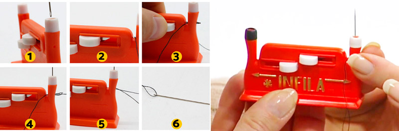 Enhebrador de agujas de coser Secuencia paso a paso del enhebrado de agujas con el enhebrador INFILA