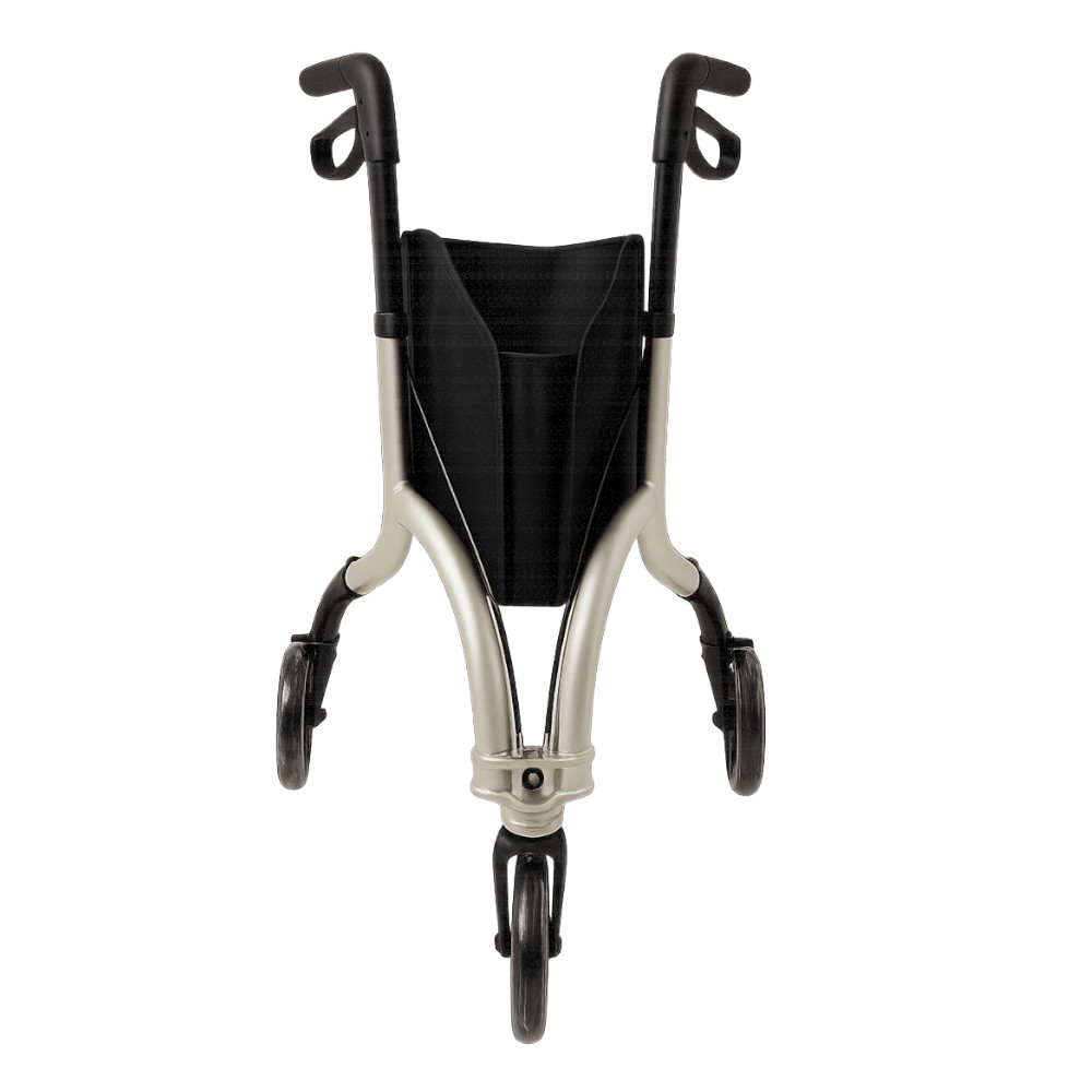 Rollator de aluminio con 3 ruedas Andador rollator de aluminio con tres ruedas y bolsa visto de frente