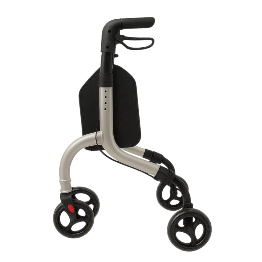 Rollator de aluminio con 3 ruedas Vista lateral del andador con frenos y empuñaduras regulables