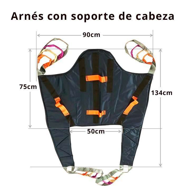 Grúa de traslado Vulcan Maxi Arnés con soporte de cabeza con ancho 90 cm, hueco 50 cm, alto lateral 75 cm y alto total 134 cm
