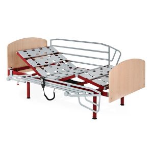 Vista de la cama articulada Leza con somier de 4 planos y barandillas laterales en estructura de acero