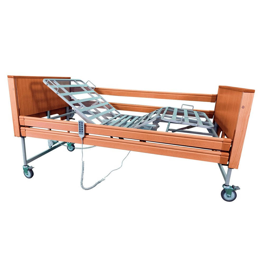 Cama articulada elevadora Gardenia Vista lateral de la cama articulada elevadora Gardenia con mando y ruedas