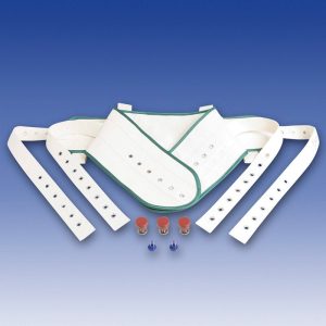 Cinturón abdominal para cama con ribete verde, bandas laterales y botones de cierre magnéticos con llaves