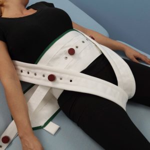 Cinturón abdominal pélvico de sujeción en cama con bandas integradas y botones magnéticos para evitar el deslizamiento hacia abajo