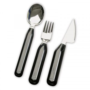 Set de cubiertos Etac con mango grueso ovalado: cuchara, tenedor y cuchillo