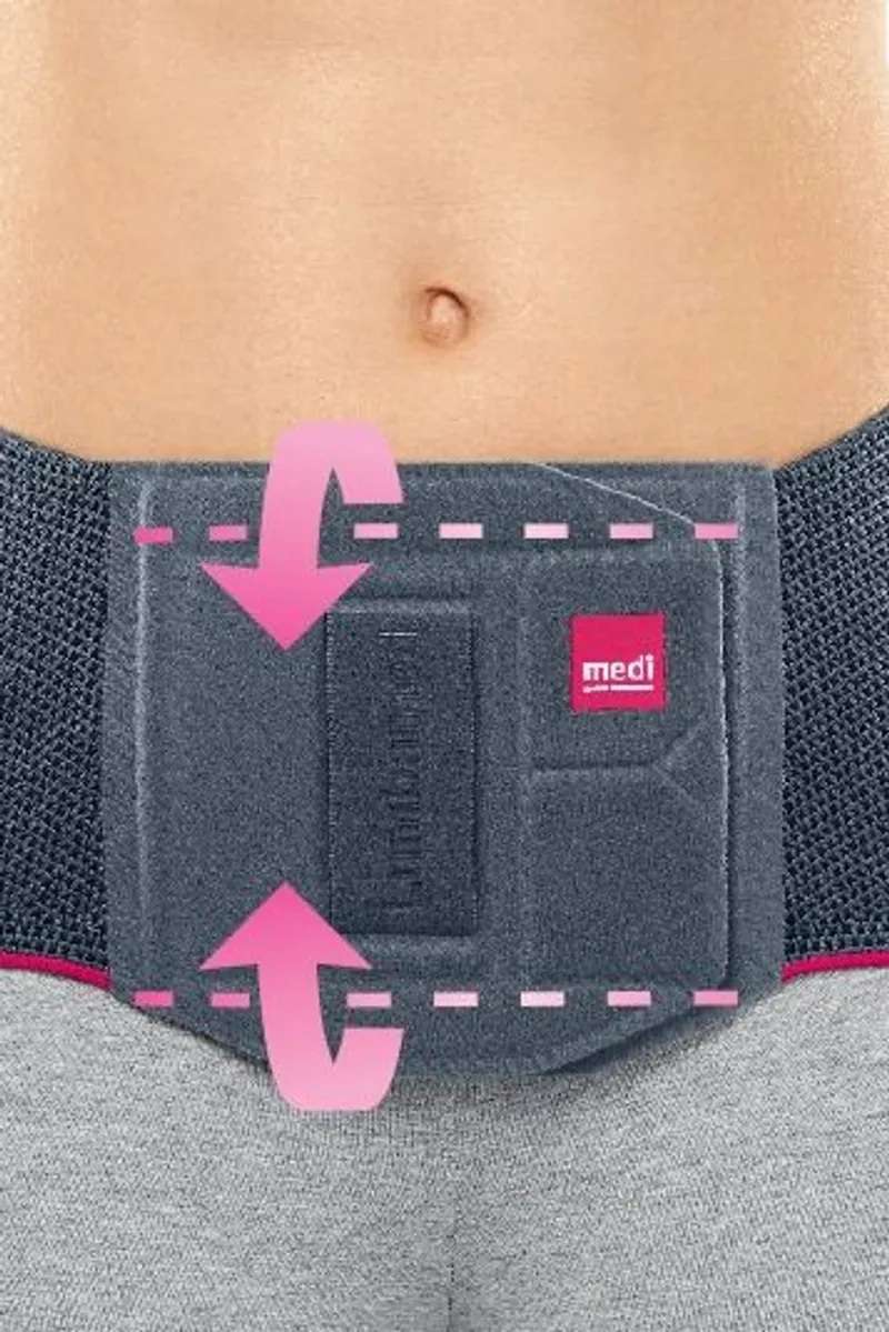 Faja lumbar Lumbamed Basic Imagen del ajuste frontal de la faja lumbar Lumbamed Basic con flechas indicativas