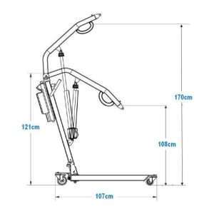 Grúa Vulcan Up Bipedestación Dibujo técnico lateral con medidas 107 cm de longitud y asideras 108–170 cm