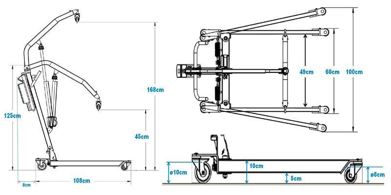 Grúa de traslado Vulcan Maxi Dibujo técnico de la grúa Vulcan Maxi con cotas de longitud, altura y apertura de patas
