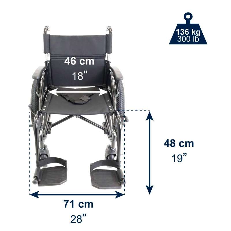 Silla de ruedas todoterreno K10077 Medidas frontales y peso máximo de 136 kg de la silla de ruedas todoterreno K10077