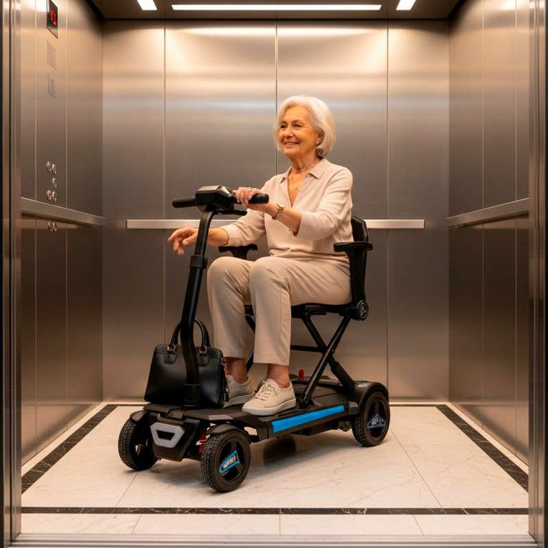 Scooter plegable Zenit Persona usando el scooter Libercar Zenit en un ascensor