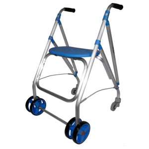 Andador Ara-plus plegable de aluminio con asiento azul y ruedas dobles delanteras