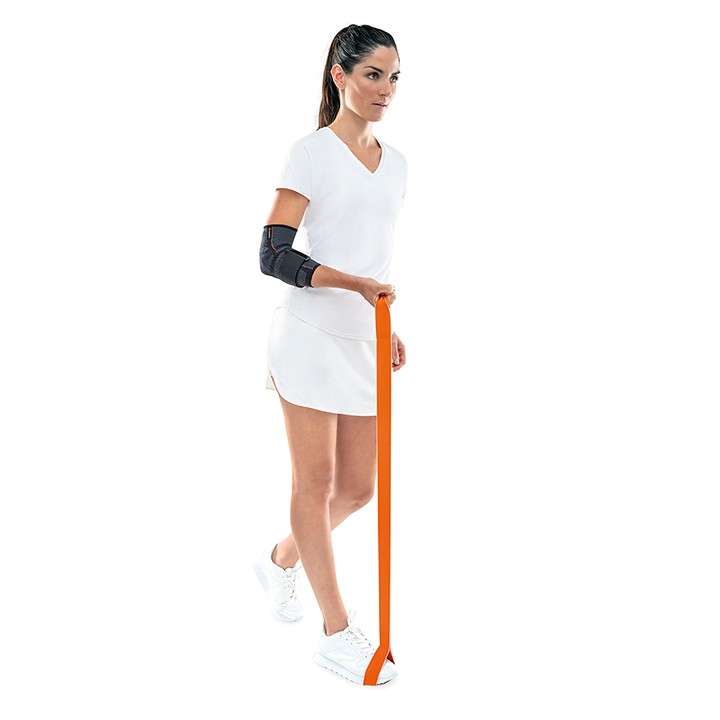 Codera elástica funcional Therago Mujer con codera elástica funcional Therago para soporte y estabilización del codo