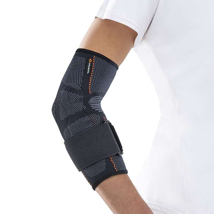 Codera elástica funcional Therago Detalle de la codera elástica funcional Therago con almohadillas viscoelásticas y cincha semirrígida
