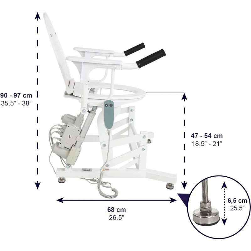Elevador de WC eléctrico con tapa Dimensiones laterales del elevador de WC eléctrico con tapa y estructura