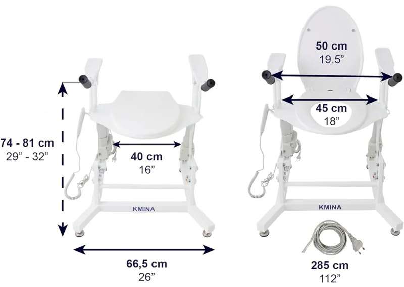 Elevador de WC eléctrico con tapa Dimensiones frontales del elevador de WC eléctrico con tapa y apoyabrazos