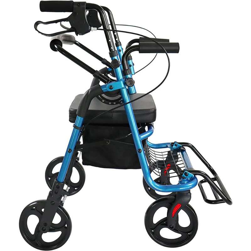 Andador silla de ruedas K10055 Vista lateral del andador silla de ruedas K10055 azul con frenos y reposapiés