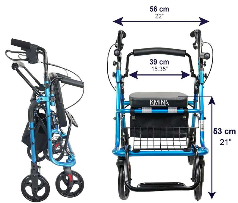 Andador silla de ruedas K10055 Imagen con medidas del andador silla de ruedas K10055 plegado y frontal